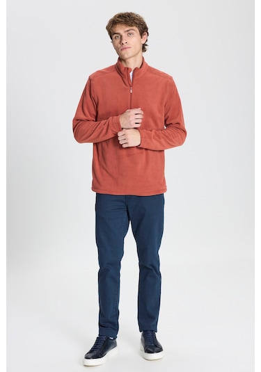 AC&Co / Altınyıldız Classics Anti-Pilling Tüylenme Yapmayan Bato Yaka Erkek Polar Sweatshirt Açık Kahverengi