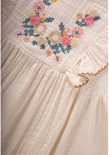 Cigit Etnik Süzene Nakışlı Organik Elbise 1-7 Yaş Naturel Krem