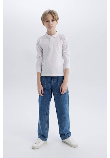 DeFacto Erkek Çocuk Polo Yaka Pike Basic Düz Uzun Kollu Tişört L0288A625SPWT34