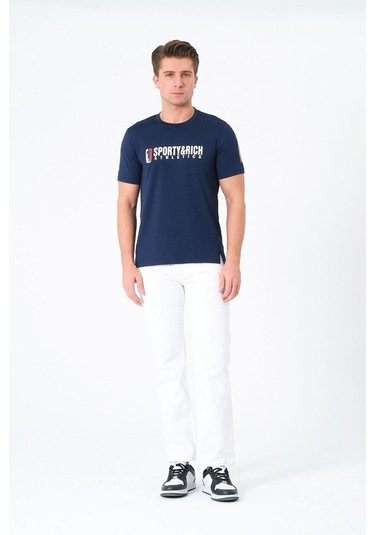 Erkek Bisiklet Yaka Basic Baskılı T-şhirt Lacivert