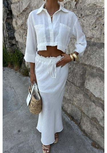 Crop Gömlekli Ve Eteği Büzgülü Tasarım Takım 10201 Beyaz