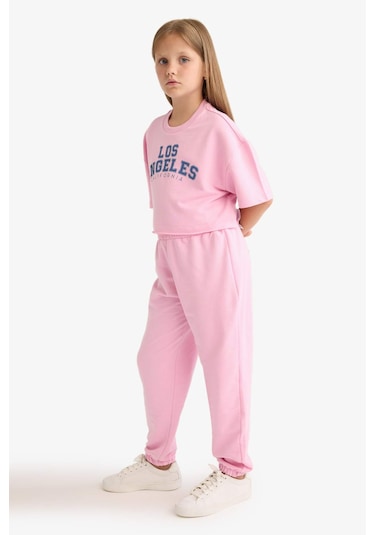 Defacto Kız Çocuk 2li Takım Baskılı Kısa Kollu Tişört Beli Lastikli Eşofman Altı E6414a825aupn649 Pembe