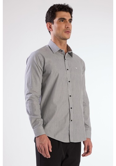 Siyah Çizgili Desen Uzun Kol Regular Fit Erkek Gömlek Siyah