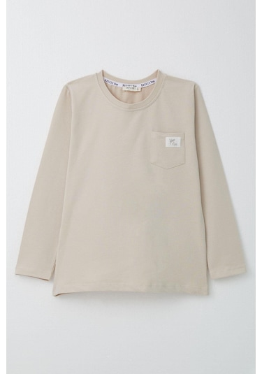 Breeze Erkek Çocuk Uzun Kollu Tişört Cool Yazı Armalı Cepli 4-8 Yaş, Bej Bej