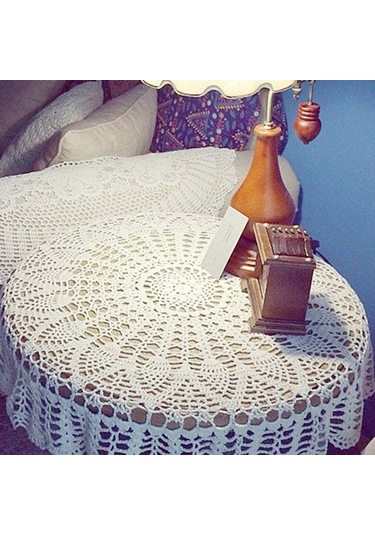 Springsun El İşi Dantel Masa Örtüsü - Pamuklu Yuvarlak Çiçek Desenli Dekoratif Örtü Beyaz