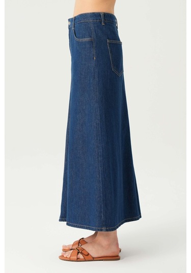 Koyu Mavi Yüksek Bel Patı Fermuarlı Maxi Jean Etek C 4532-057 Koyu Mavi