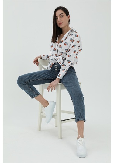 Çiçek Desen Kol Katlamalı Gömlek - Beyaz-beyaz Beyaz
