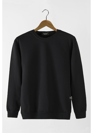 Erkek Siyah Bisiklet Yaka Basic Düz Sweatshirt Siyah