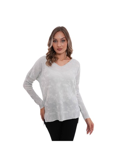 Kadın V Yaka Simli Kazak 12541 Bgl-st04103 Açık Gri