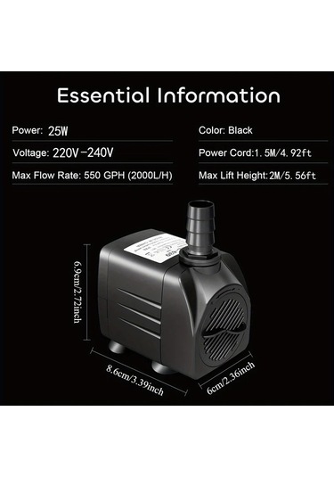 Honeybeeshop 25w 550gph Ultra Sessiz Dalgıç Pompa 2000l H 198cm Yükseklik 3 Nozullu Akvaryum Gölet Siyah