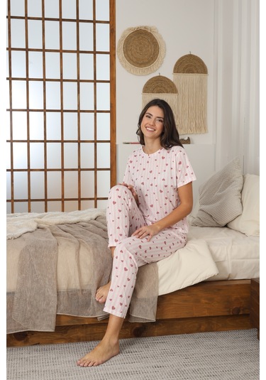 Kadın Yazlık Kısa Kol Penye Süprem Kumaş Pijama Takımı Pembe Kalpli
