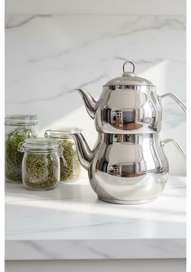 Jumbo Boy Aile Çaydanlık Takımı Paslanmaz Çelik, Parlak Yüzeyli, Isıya Dayanıklı Ergonomik Saplı Gümüş