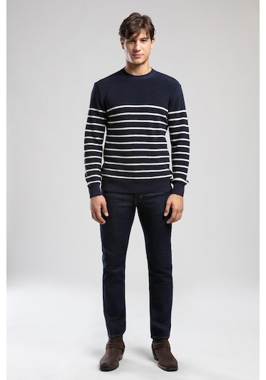 Baldwin Erkek O Yaka Kazak Lacivert-ekru Çizgili-21058 Lacivert - Ekru