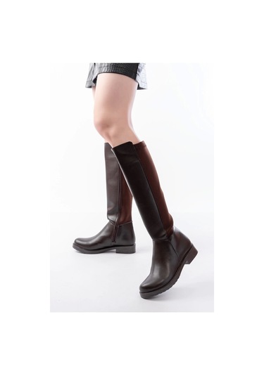 165-305 Kahve Arka Streç Fermuarlı Günlük Kadın Çizme Bej