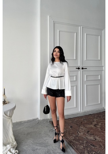 Soonaksesuar Kemer Detaylı Saten Bluz - Beyaz Beyaz