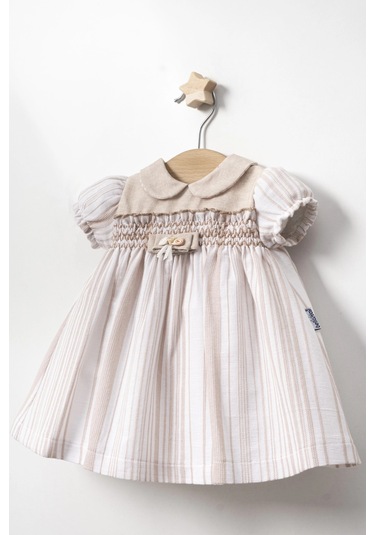 Yazlık Robası Zikzaklı Çizgili Bebe Kız Elbise Bej