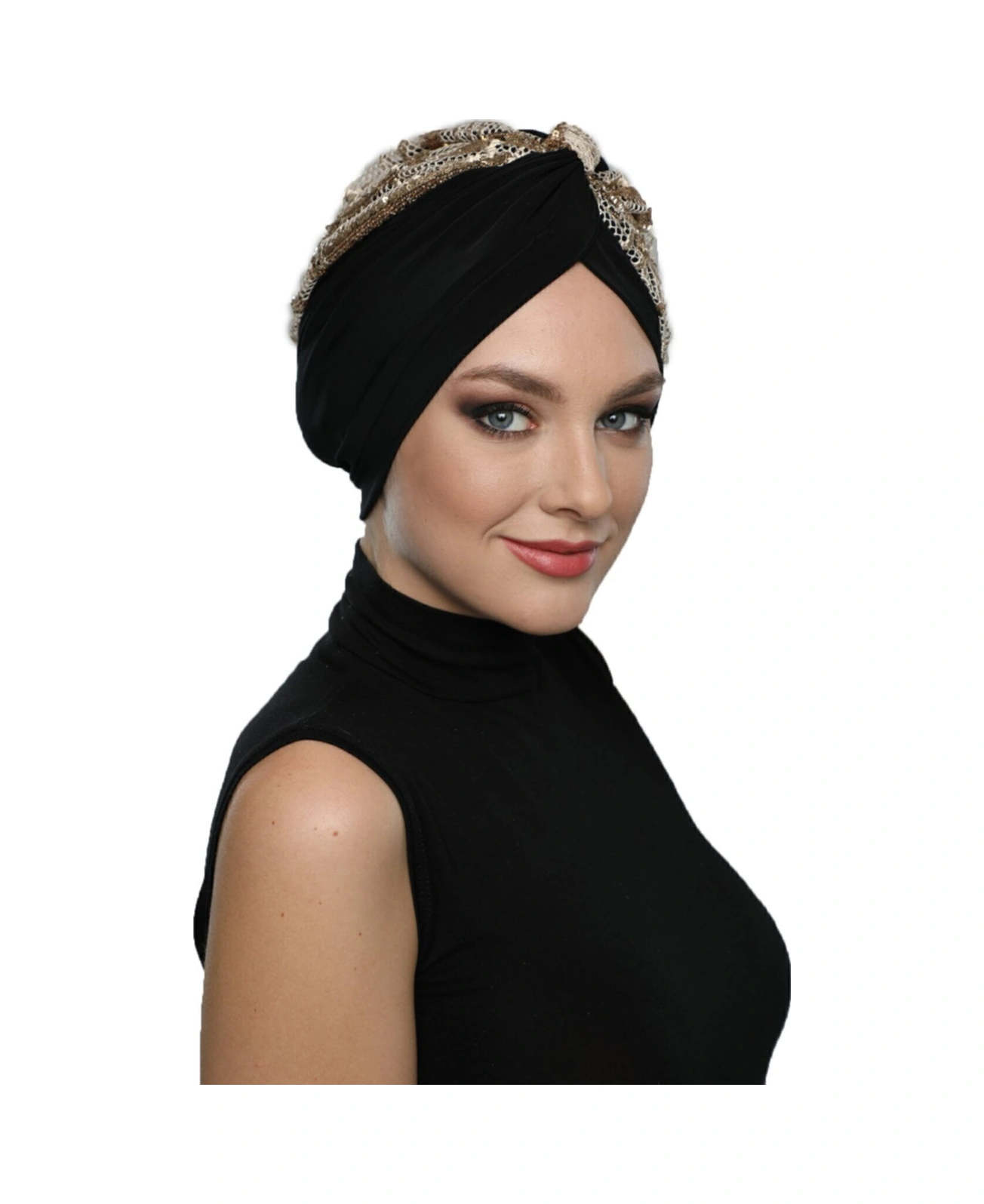 Özel Tasarım Siyah Bej-altın Pullu Fileli Etnik Desenli Astarlı Hazır Türban Tesettür Abiye Bone Siyah25