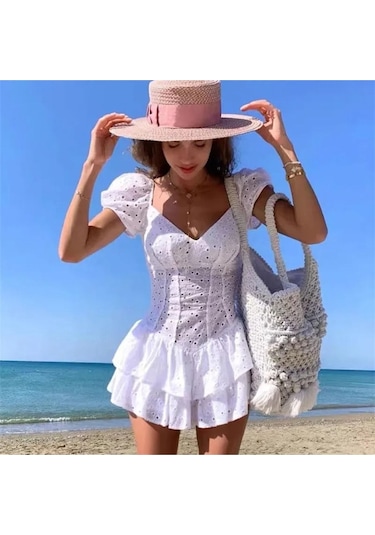 Astarı Şortlu Transparan Detaylı Dantel Kısa Kol Mini Gece Şort Tulum Beyaz