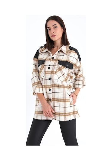 Deri Garnili Ekose Cepli Gömlek - Vizon-vizon Vizon