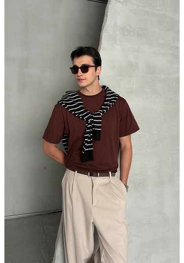 Hyman Erkek %100 Pamuk Oversize Basic T-shirt Koyu Kahve