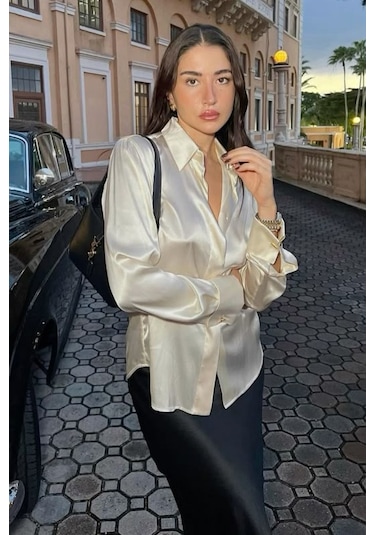Madmext Bej Gizli Düğmeli Şık Kadın Saten Gömlek Mg2675 Bej