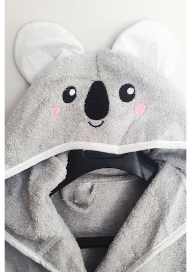 Kapşonlu Hayvan Desenli Çocuk Banyo Deniz Plaj Bornozu %100 Pamuklu Gri