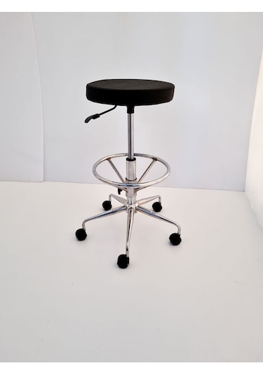 Siyah Deri Tekerlekli Yüksek Bar Boy Laboratuvar Taburesi