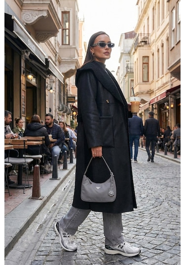Lela Çift Taraflı Kapüşonlu Oversize Uzun Bayan Kaban 6810295 Siyah