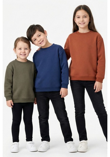 Zuzunga 3'lü Basic Şardonlu Çocuk Sweatshirt Kahverengi-haki-lacivert