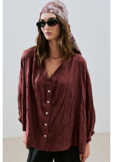 Keten Krushlı Düğmeli Bluz Erik Çürüğü Erik Çürüğü