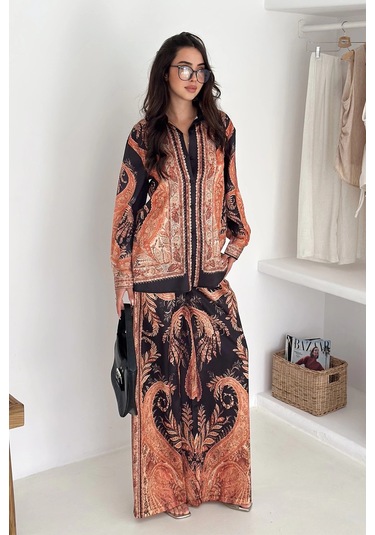 Saten Kumaş Desenli Alt-üst Takım Kahverengi