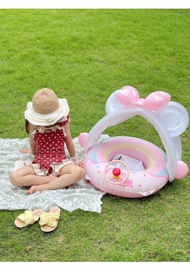 Sevimli Direksiyonlu Güneş Korumalı Plaj Havuz Deniz Bebek Yüzme Simidi 0-4 Yaş Pembe