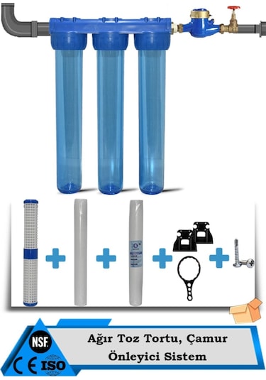 WaterMelon 20 Inç 3 Aşama Daire Bina Sayaç Girişi Su Arıtma Cihazı Yıkanabilir-1 Mikron-5Mikron