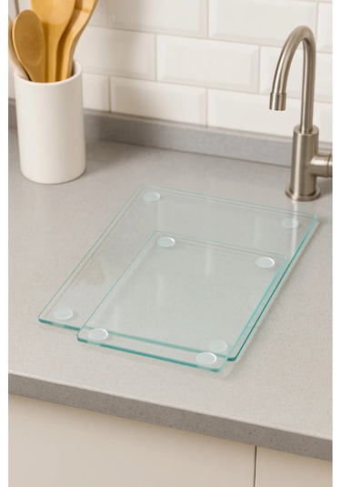 2'li Temperli Cam Kesme Tahtası 20x30 & 25x35 Cm Hijyenik Mutfak Doğrama Camı Şeffaf
