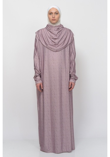 Pratik Tek Parça Çiçek Desenli Kollu Tak Çıkar Başörtülü Likralı Tesettür Namaz Elbisesi 990-0201 Bej Antrasit