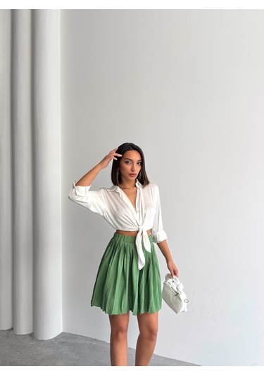 Kadın Modal Dokulu Piliseli Şortlu Mini Etek Yeşil
