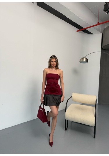 Kadın Straplez Bluz Bordo