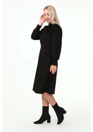 Kadın Süet Hakim Yaka Pile Detaylı Büzgülü Uzun Kol Midi Boy Kloş Kışlık Elbise 4412/110 Siyah