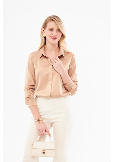 Klasik Saten Gömlek Vizon Vizon