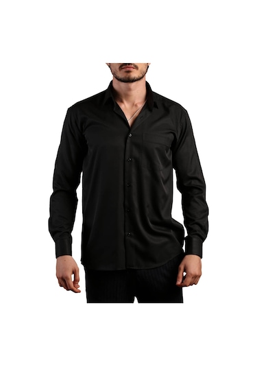 Siyah Büyük Beden Rahat Kesim Micro Kumaş Kol Düğmeli Regular Fit Erkek Gömlek - 190-6 001