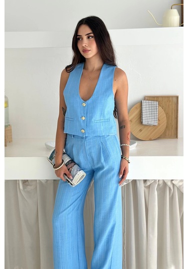 Çizgili Kumaş Yelek Takım Mavi Mavi