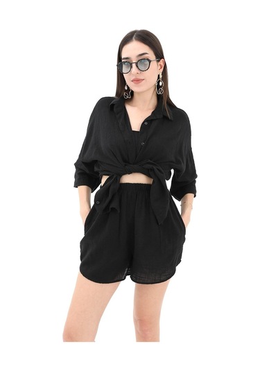 Pamuk Keten Şort Gömlek Kadın İkili Takım - Siyah-siyah Siyah