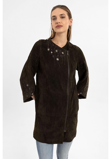 Kado Kahve Çiçek Nakışlı Kadın Hakiki Deri Kaban-olive Çok Renkli