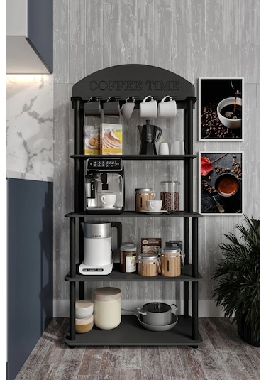Coffee Time Dekoratif Kahve Standı Çok Amaçlı Dolap Siyah Siyah