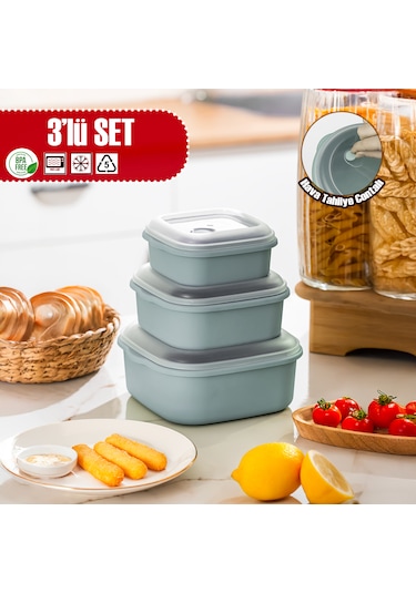 Porsima 5317 Kilitli Sızdırmaz Kapaklı Hava Tahliye Contalı Çok Amaçlı 3lü Kare Erzak Yiyecek Saklama Kabı Seti Mavi - 500-900-1500ml Mavi