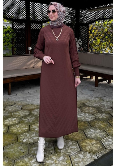 Yağmur Triko Elbise Kahve Normal