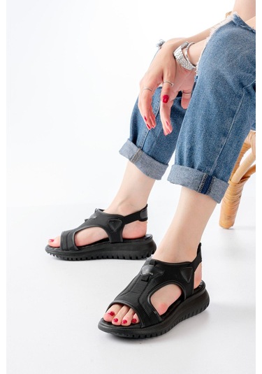 Aymood T-221 Siyah Spring Paraşüt Kumaş Lastikli Ortopedik Kadın Sandalet Siyah