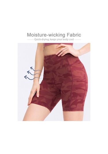 Teltree Kadın Yüksek Bel Spor Şortu, Orta Yeşil Kamuflaj Desenli, İki Taraflı Cep, Yüksek Esneklikli, Hızlı Kuruyan, Koşu Ve Yoga İçin Haki