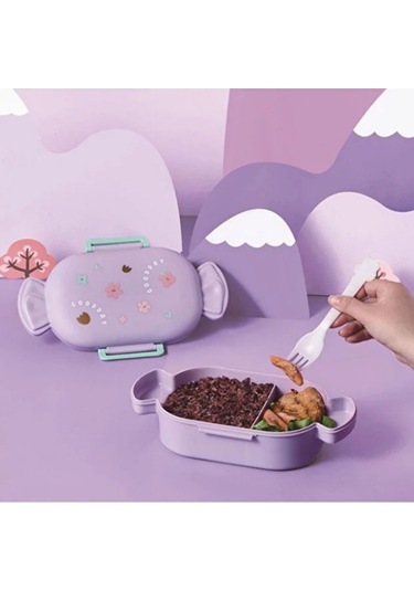 Sevimli Şeker Şekilli Çocuk Beslenme Kutusu Kaşıklı 2 Bölmeli Yemek Saklama Kabı Mor
