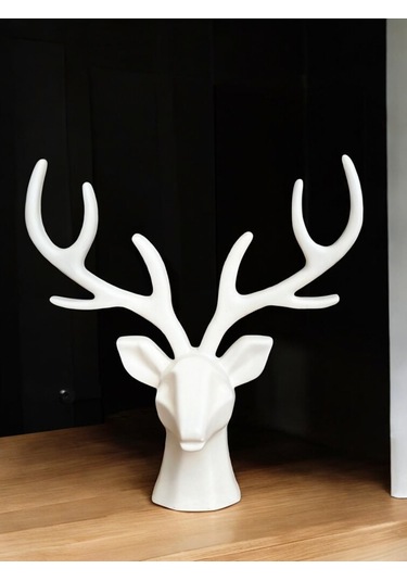 Geyik Heykeli, Büst, Beyaz Renkli El Yapımı Dekoratif Obje, Ev Dekoru